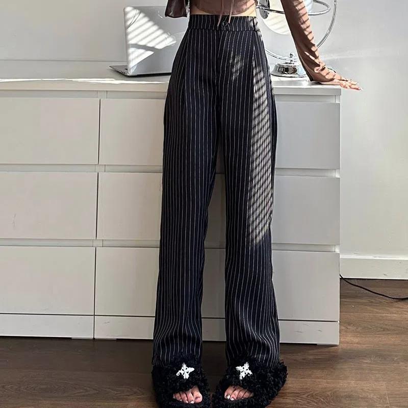 Gray Striped Suit Pants for Women French High-end Loose Casual Wide-leg Pants Ins Trendy Niche Straight Trousers