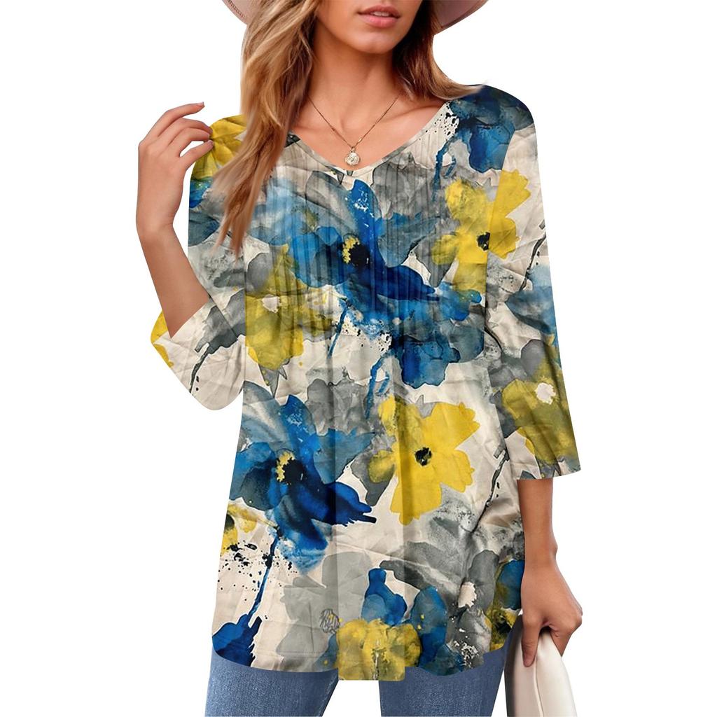 Damen Tops V-Ausschnitt Dreiviertelärmel Gestreift Plissee Casual Sommermode Shirt Tops