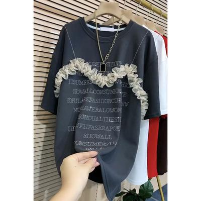 Women's Loose Round Neck T-shirt Letters Printed Large Size T-shirt Medium-length Splicing T-shirt