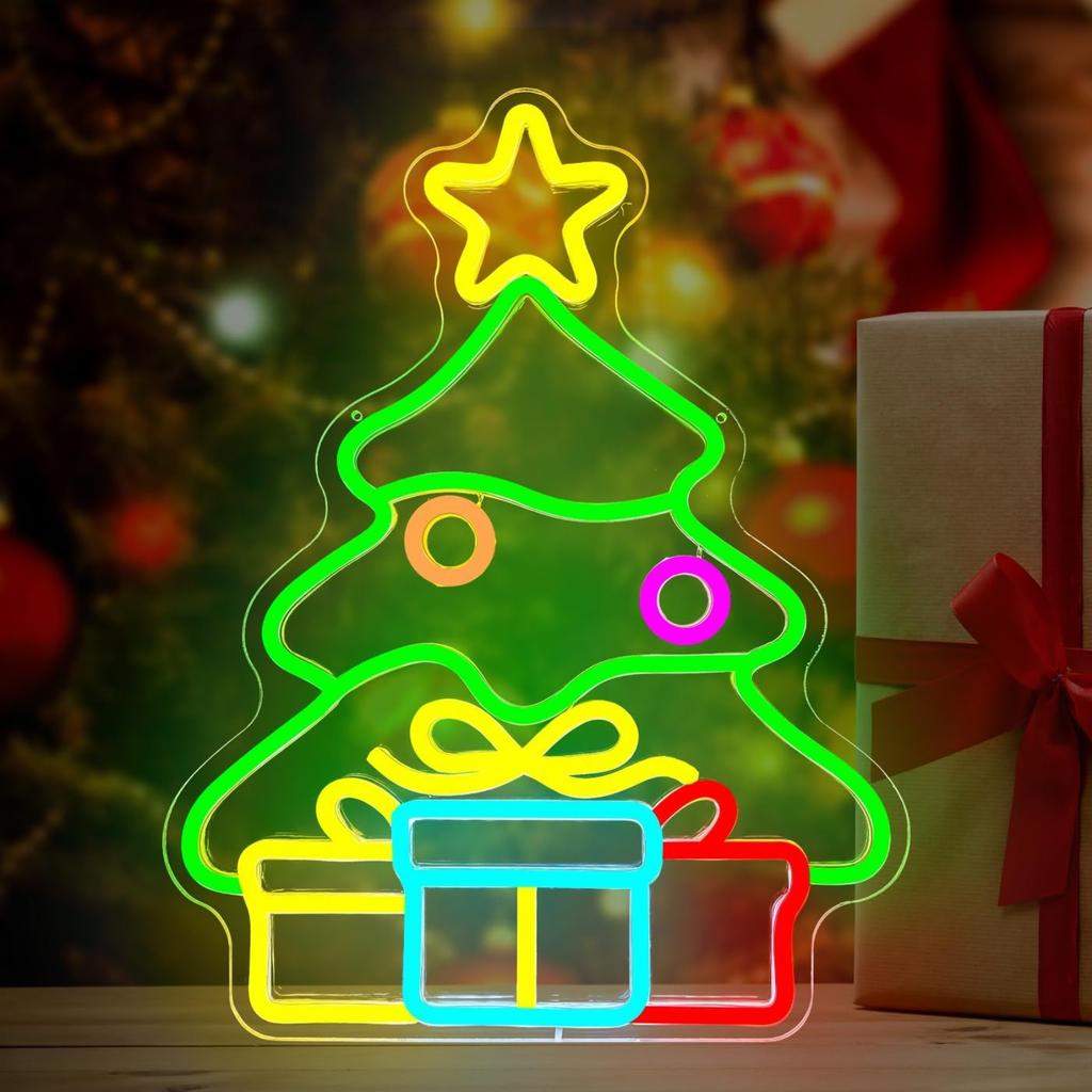 USB Plug-in Christmas Tree Bells LED Neon Decoration Pendant Sign Light 41x32cm with 2m Cable, 1kg Weight, Includes 2 Adhesive