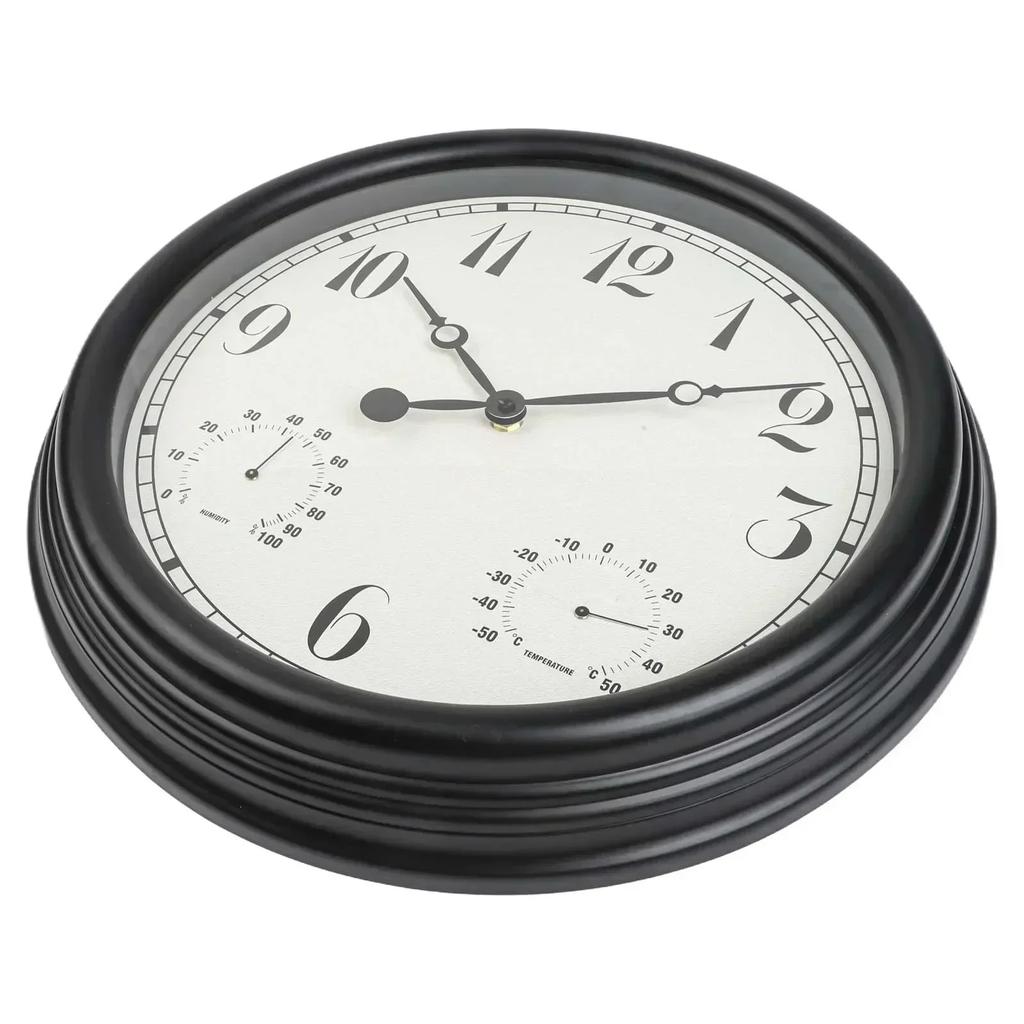 15 Inch Outdoor Wall Clock with Analog Thermometer and Hygrometer Waterproof Silent Operation Rust Proof Frame