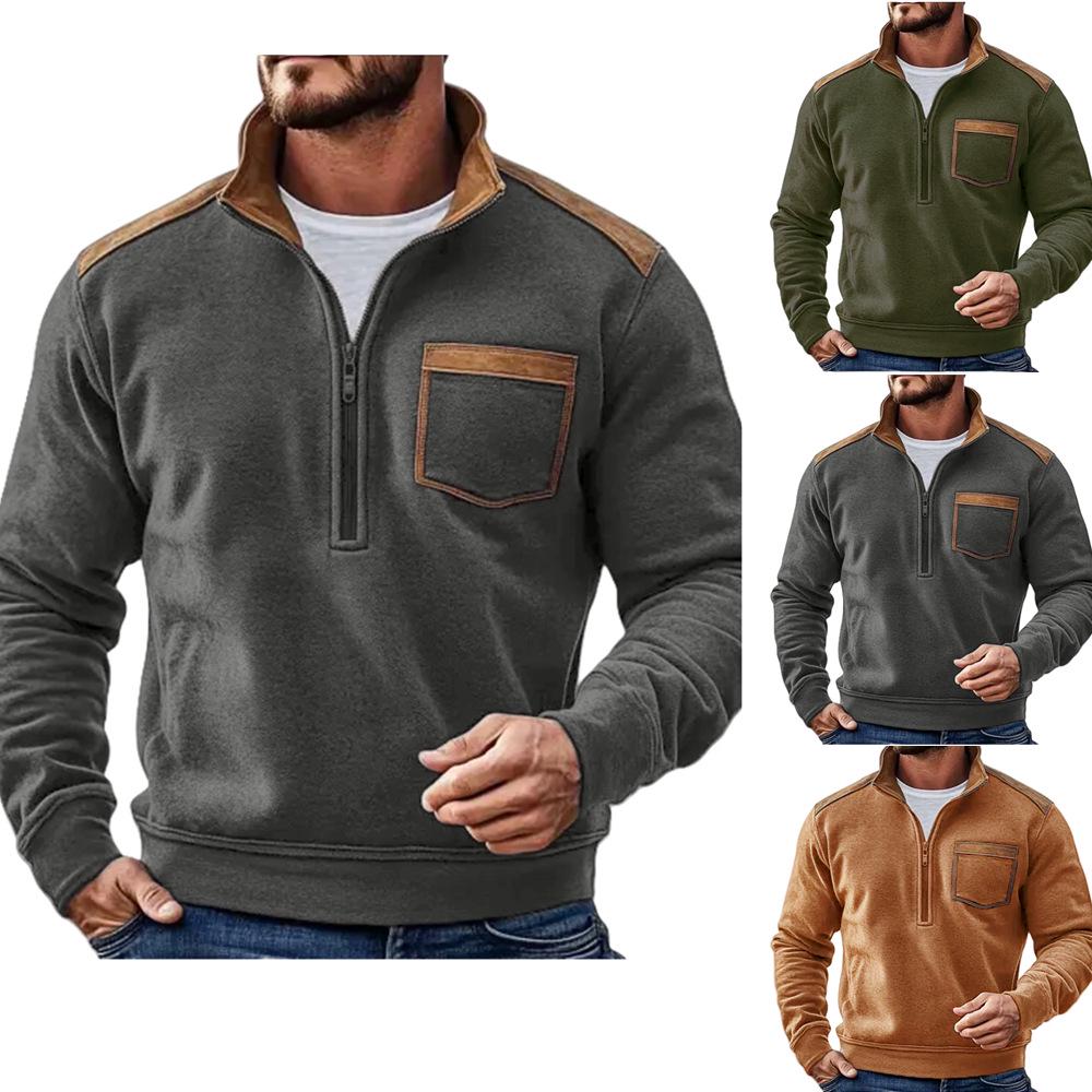In-Stock 2025 Men's European Casual Fleece Jacket - Autumn/Winter Zip-Up Pullover in Contrasting Colors