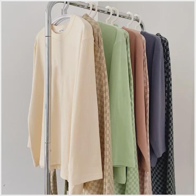 Women's Milk Silk Checkerboard Pajama Set - Round Neck, Long-Sleeve, Self-Contained Breast Pads for Spring and Autumn