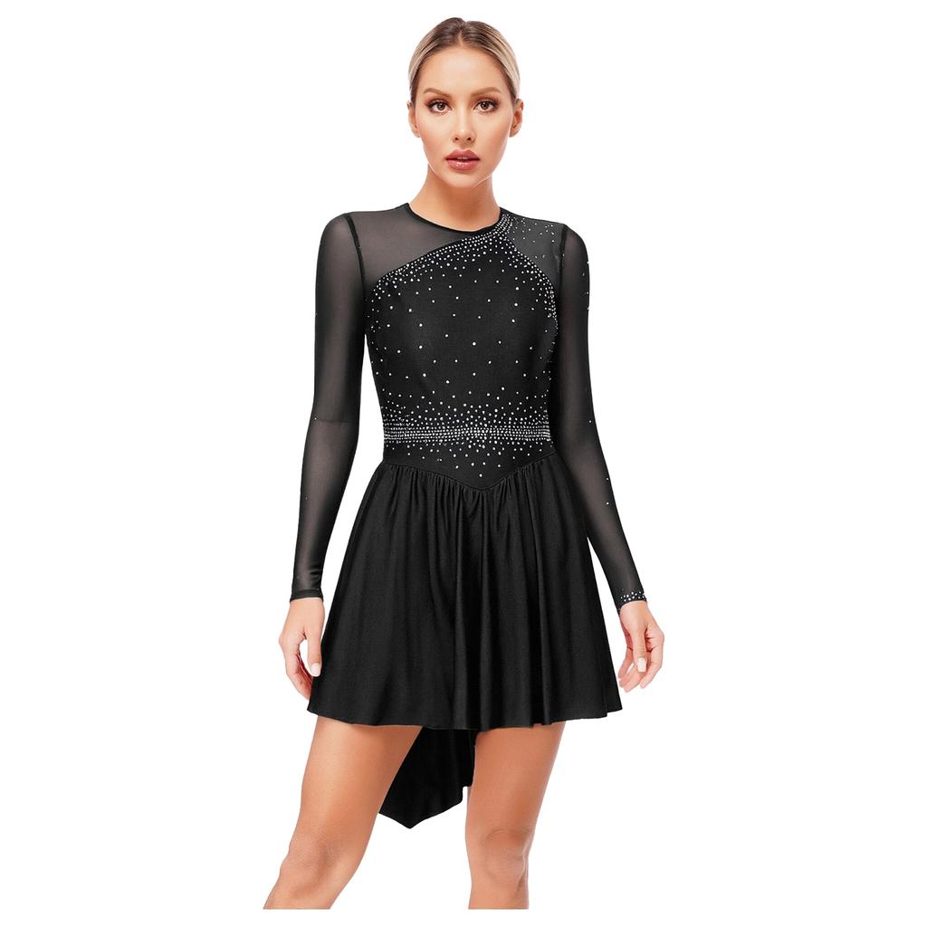Women's Performance Dance Dress - Glitter Rhinestones Cutout Back Sheer Mesh Patchwork for Competition