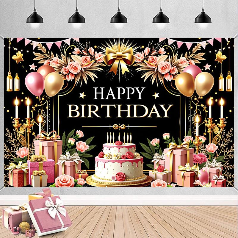 Happy Birthday Decoration Backdrop Pink Flower Balloons Gifts Cake Theme Bunting Flags Banner Birthday Party Decoration Supplies