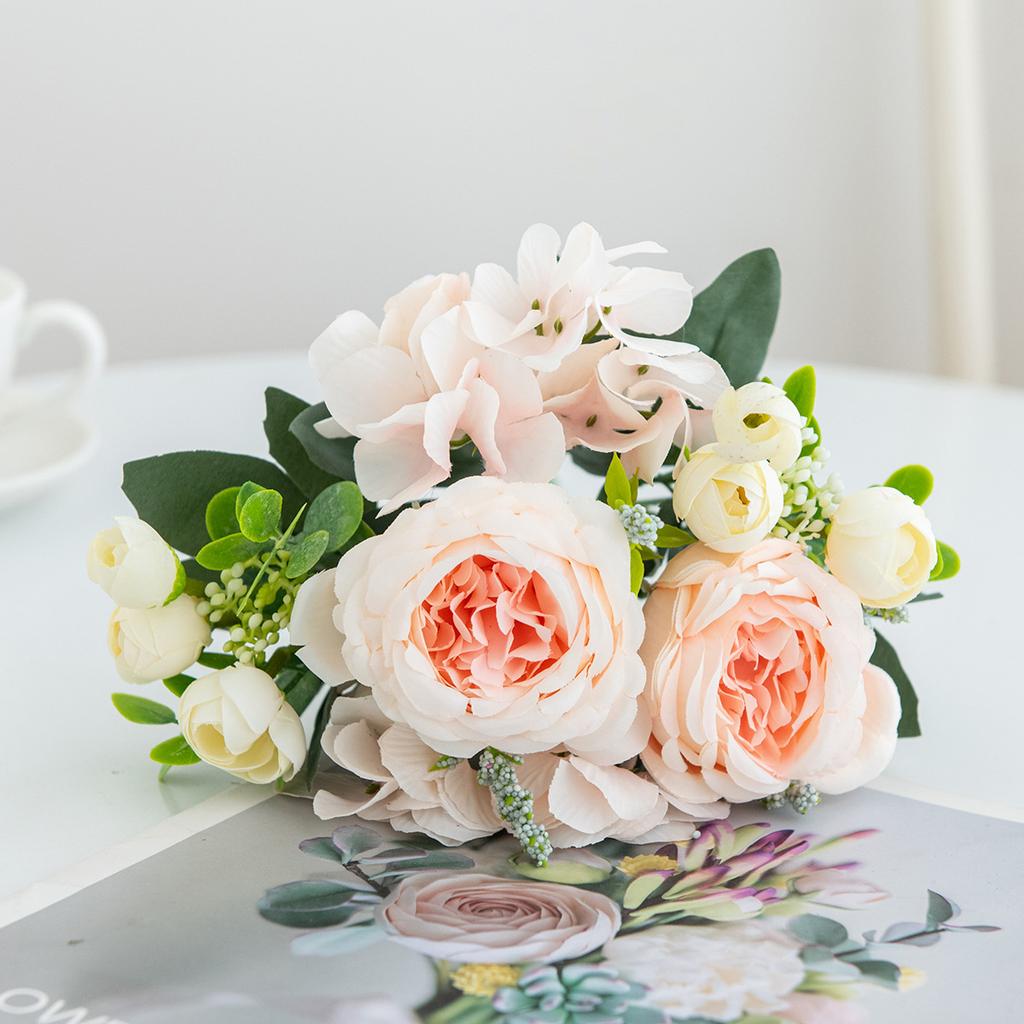 White Green Artificial Flower Bouquet, Fake Silk Roses & Peony with Eucalyptus for Home Wedding Decor