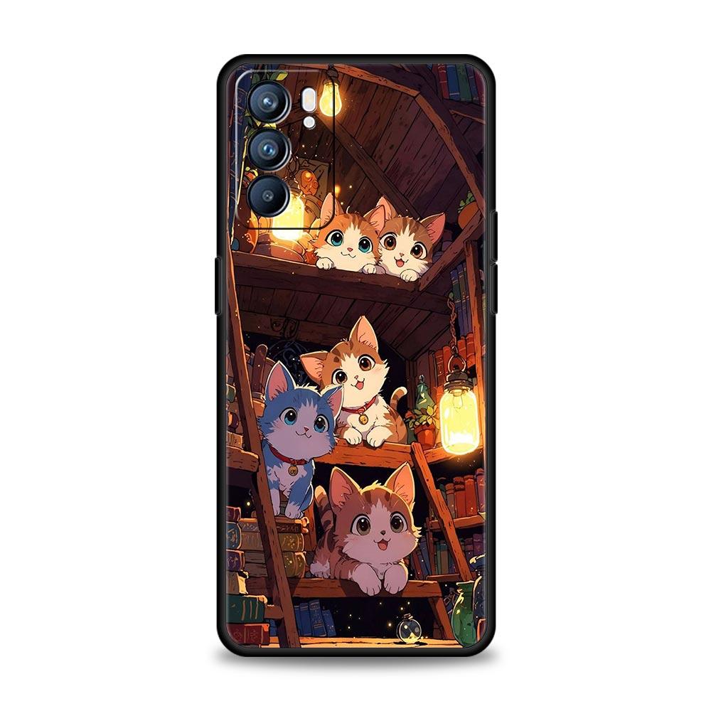 Handyhülle für Oppo A17 A31 A54 A57 A78 A79 Find X5 X6 Reno 7 8 10 11 12 13 F Pro Weiches TPU Niedliches Schmetterling Katze Bücherregal Design