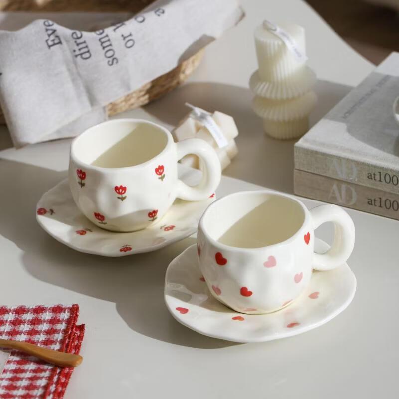 OLOEY Ceramic Underglaze Heart Coffee Mug & Saucer Set
