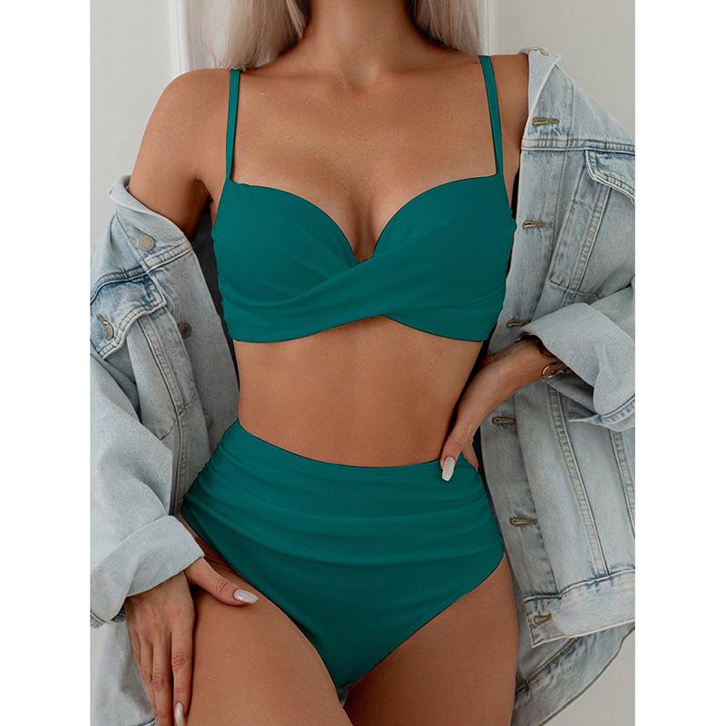 

Бикини с V-образным вырезом, на тонких бретелях, с закруткой, с высокой талией, купальник из двух частей, пляжный наряд, лето XL зелёный