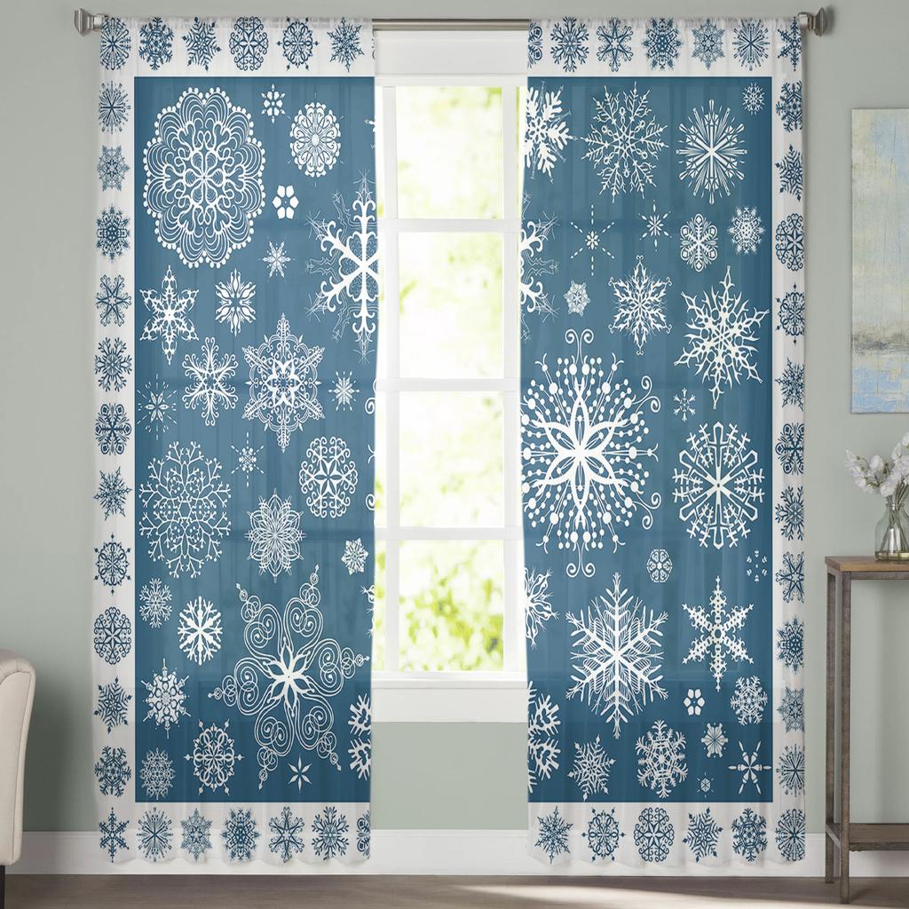 Christmas Blue Snowflake Texture Living Room Transparent Tulle Window Curtain Bedroom Kitchen Decor Veil Drapes Curtains