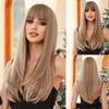 EASIHAIR Long Straight Layered Wigs with Bangs Brown Synthetic Wig Silky Daily Party Natural Hair Wig for Women Heat Resistant Fake Hair