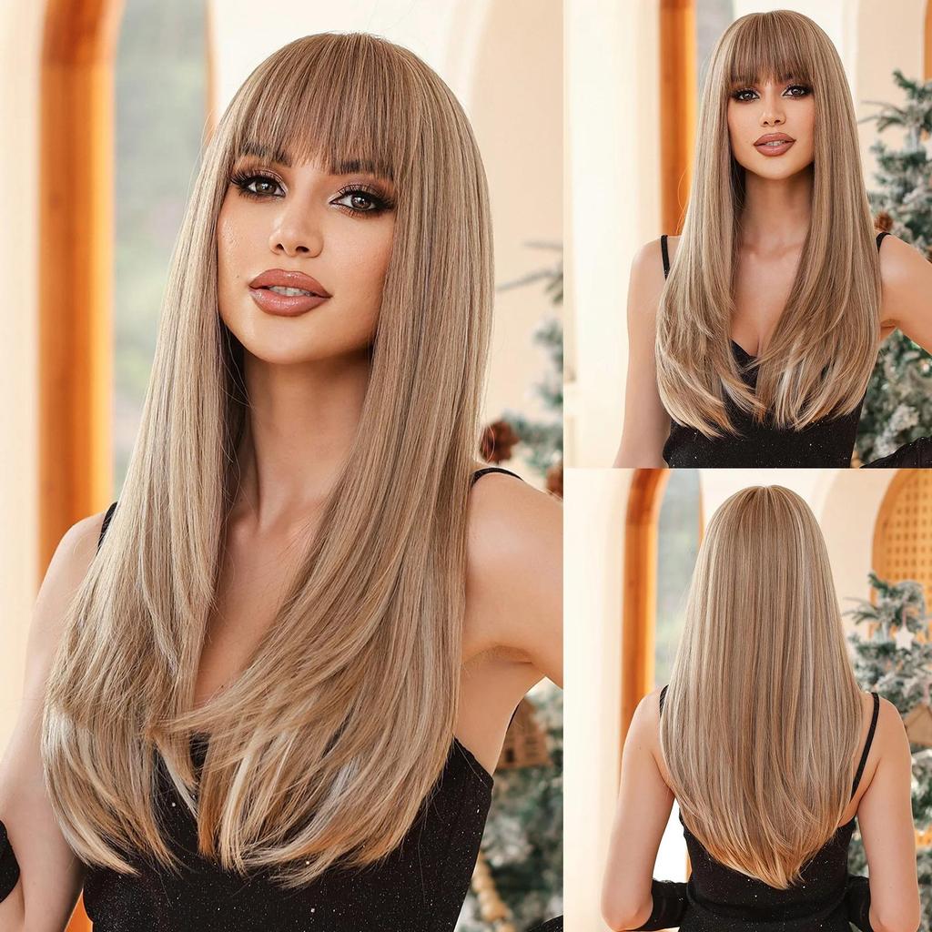 EASIHAIR Long Straight Layered Wigs with Bangs Brown Synthetic Wig Silky Daily Party Natural Hair Wig for Women Heat Resistant Fake Hair