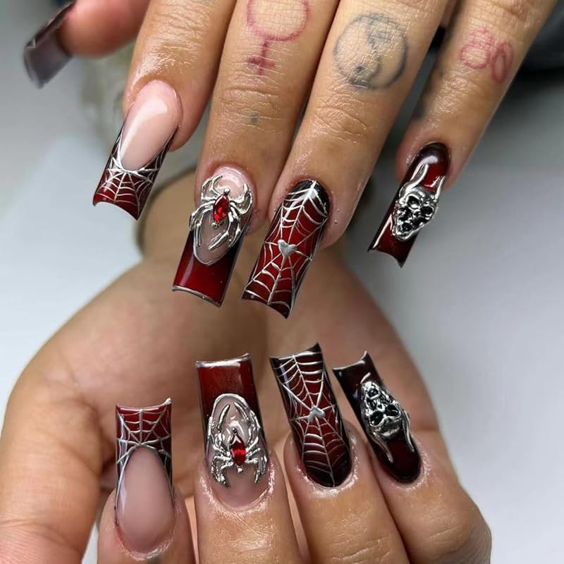 24 Pcs Halloween Press On Nails Short CEWEWP Square Cartoon Fake Nails Mummy Patch Press Ons Nail Tips Orange French Glue On Nails with Terror
