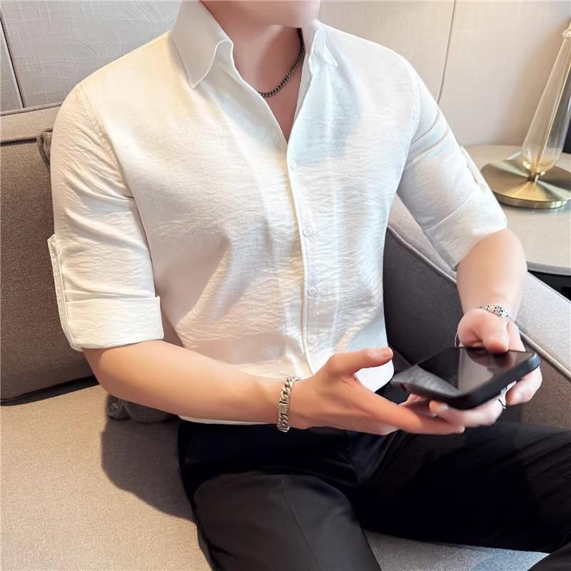 

Весна Лето Тонкие повседневные рубашки Мужская мода Slim Fit Однотонные рубашки с длинным рукавом Смарт-повседневная рубашка Мужская однобортная блузка M белый