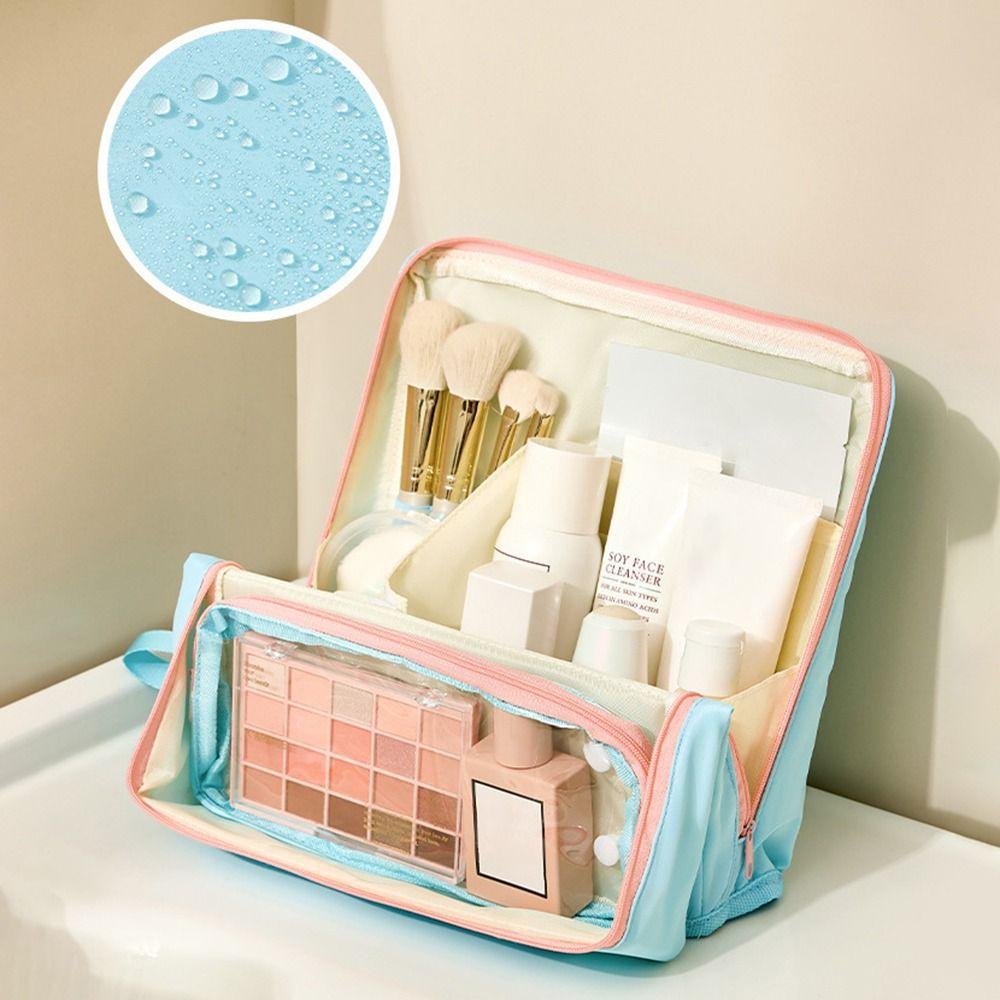Large Capacity Vertical Makeup Bag Multi-Compartment Standable Skincare Storage Bag Portable Partitioned Student Stationery Bag