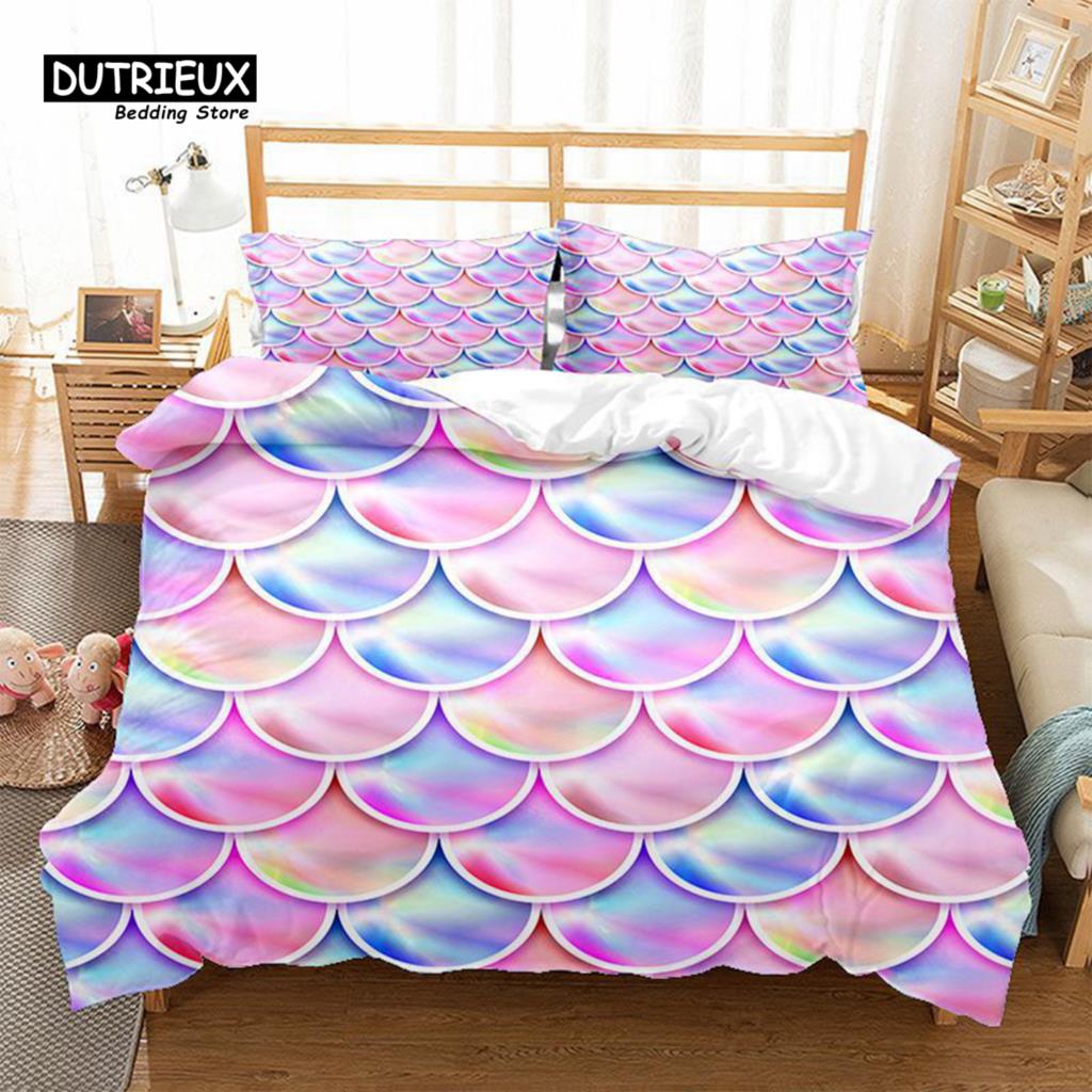 Mermaid Fish Scales Duvet Cover Magical Colorful Seamless Pattern With Fish Scale Net Print Bedding Set Microfiber Quilt Cover