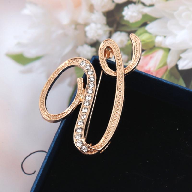 Fashion Women Rhinestone Brooch A-Z English Letter Gold Color Metal Pins Crystal Alphabet Jewelry Shirt Clothes Accessories Gift
