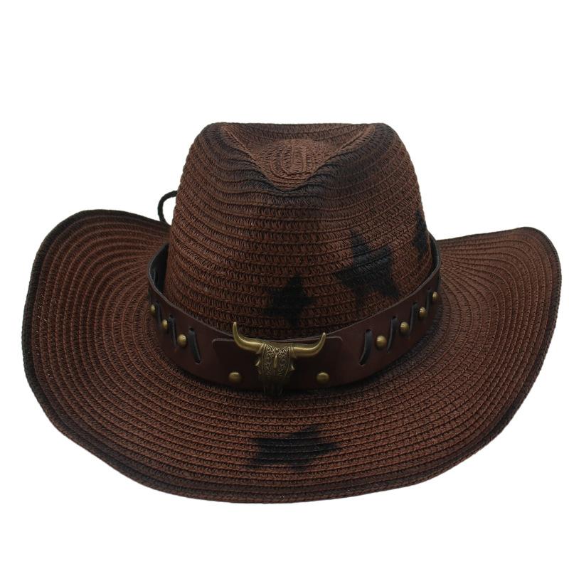 

Summer Beach Straw Hat Cow Head Ethnic Wind Breathable Men S And Women S Pentagonal Western Cowboy Hat one size fits all straw hat [gradient pentagon]