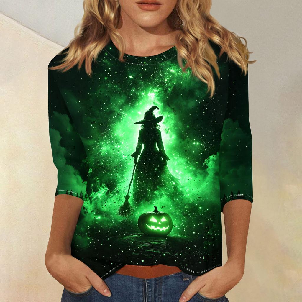Women's Three Quarter Sleeve Round Neck Halloween Print Blouse Top