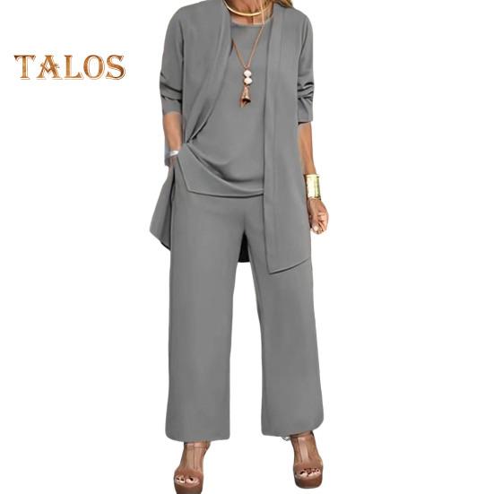 

3 шт./комплект женский пальто жилет брюки комплект кардиган O-образный вырез без рукавов жилет эластичный пояс широкие брюки повседневный брючный костюм осень-весна повседневная одежда наряд M