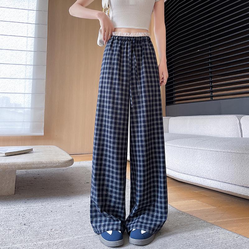 Korean Lace-Trim Plaid Wide-Leg High-Waist Pants for Women - Versatile Spring/Summer Casual Style L
