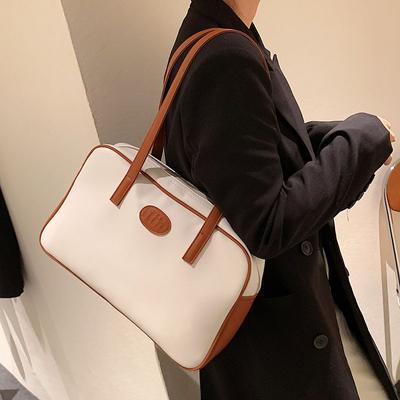 Bolsos de Mano Retro de PU de Gran Capacidad para Mujer Nuevo Bolso Tote de Moda Coreana Casual Color en Contraste Bolsos de Hombro para Señora para Viaje