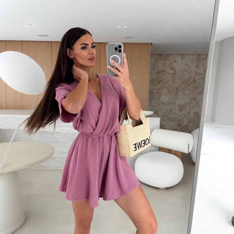 Solid Color Jumpsuit Summer V-neck Fashion Casual Waist Hugging Solid Jumpsuit Women