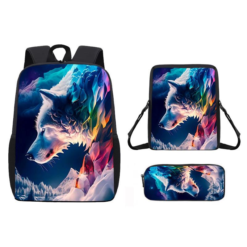 Pattern Animal Wolf Backpack Kids Shoulder Bag Pencil Case Student Use School