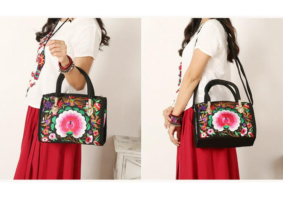 Ethnic Embroidered Drum-Shape Tote & Crossbody Canvas Bag