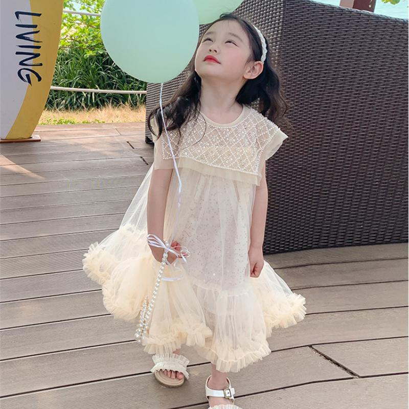 Jenter Mesh Beading Dress Baby Gaze Ermeløs Mote Prinsesse Tyll Fluffy Kjoler Barn Bursdagsfest Klær
