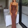 Damen Halter Neck Ärmellos Maxikleid Figurbetont Hohe Taille Netz Raffung Satin Bodycon Sommer Partykleid
