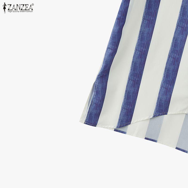 ZANZEA Women Stand Collar 3/4 Sleeve Loose Stripe Shirt Dress