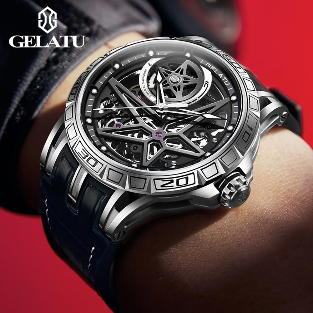 GELATU 6009 TOP Brand Men's Watches Skeleton Automatic Mechanical Movement Leather Strap Watch