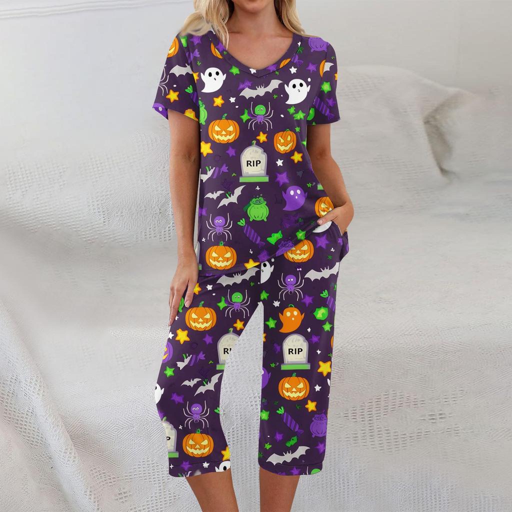 Dvoudílné soupravy pro ženy Krátký rukáv Top a Kalhoty s kapsami Cvičení Měkké Halloweenský potisk Soupravy