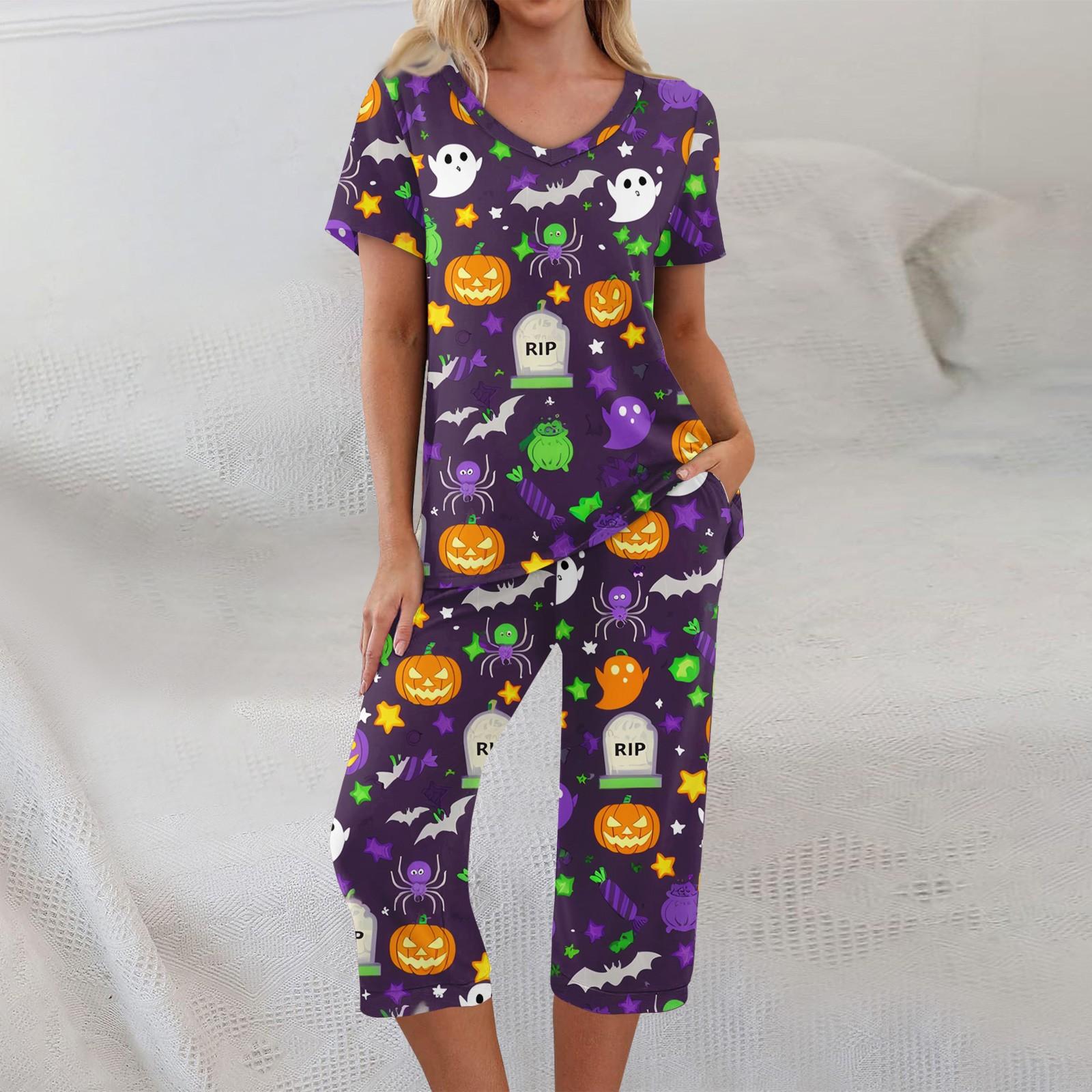 

Комплекты из 2 предметов для женщин: топ с коротким рукавом и брюки с карманами, мягкие комплекты для тренировок с принтом на Хэллоуин M фиолетовый