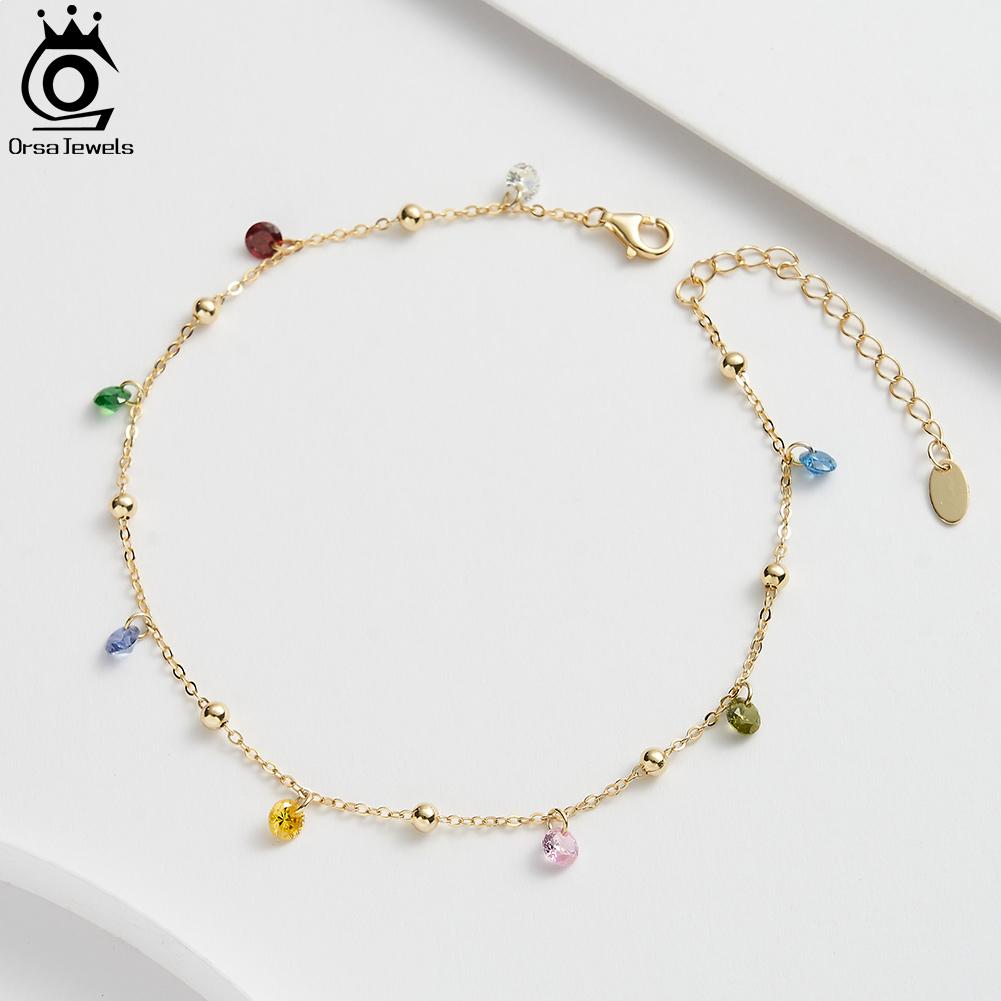 ORSA JEWELS New Summer Beach Anklet Fashion 925 Silver Cable Chain Multicolor 4A Zircon Anklet for Women jewelry SA93