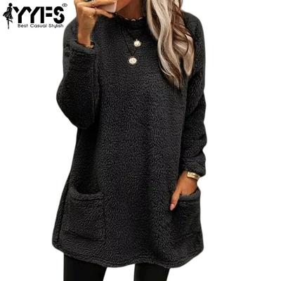 Damenmode, lässig, Herbst/Winter, einfarbig, mit Druck, lange Ärmel, O-Ausschnitt