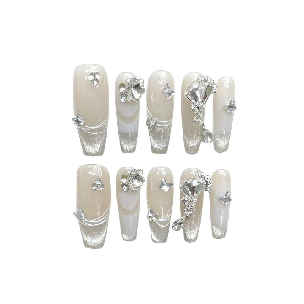 10pcs Glossy White Fake Nail Cat Eye Reusable Coffin Artificial Nail with Crystal for Women and Girls Nail Decoration