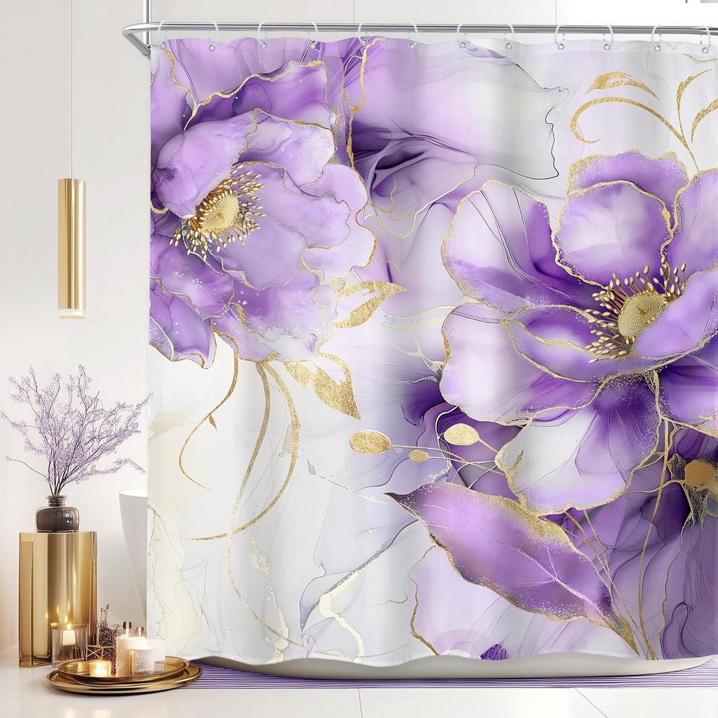 Marmor Duschvorhang Petrolblau Gold Ombre Abstrakt Floral Blume Luxus Modern Tintenstruktur Minimalistisches Badezimmerset Elegant Mädchen