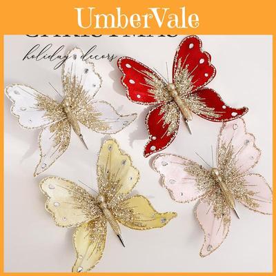 Christmas Tree Glitter Decor With Faux Butterfly Ornaments For Holiday Festivities