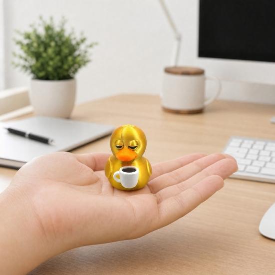 3D Printed Coffee Duck Collectible Figurine, Detailed Gold Duck Holding Coffee Cup Desk Decor for Colleagues And Friends