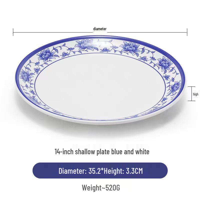 Blue & White Melamine Porcelain-Look Round Plate: Thickened, Durable for Stir-Fry, Rice, and Restaurant Use