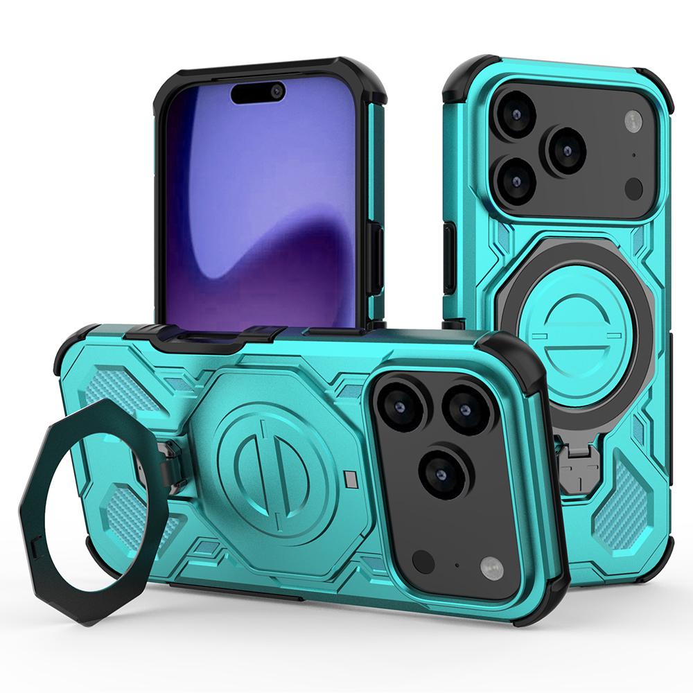 

Магнитный чехол для iPhone 17 Pro Max с вращающейся металлической подставкой, противоударная задняя крышка для телефона из ПК+ТПУ Baby Blue