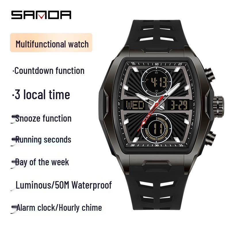 Sanda Dual Display Waterproof Barrel-Shaped Electronic Watch with Alarm for Students and Parties