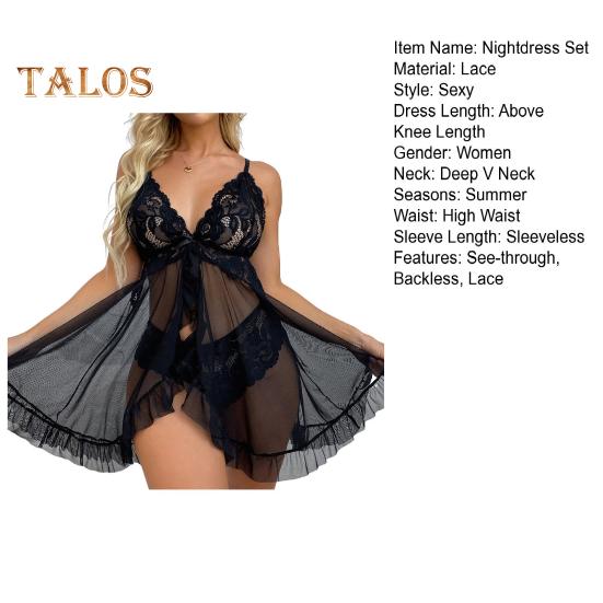 2 Pcs/Set Nightdress Panties Set Hollow Out Lace V Neck Spaghetti Strap See-through Mesh Ruffle Bow High Waist Underpants Set