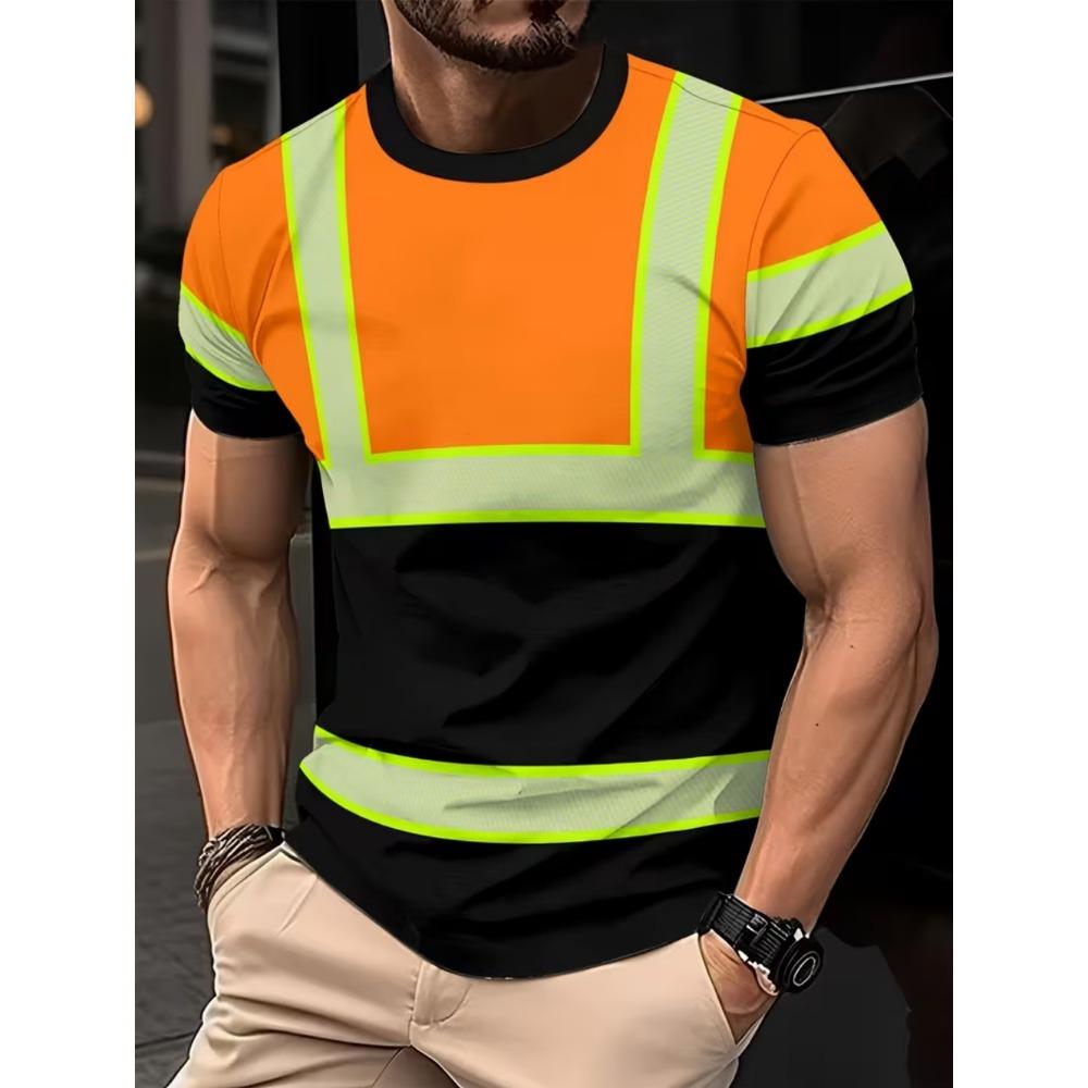 Men's 3D Printed New Safety Sign Color-Block Design Short Sleeve Fashionable Summer Casual