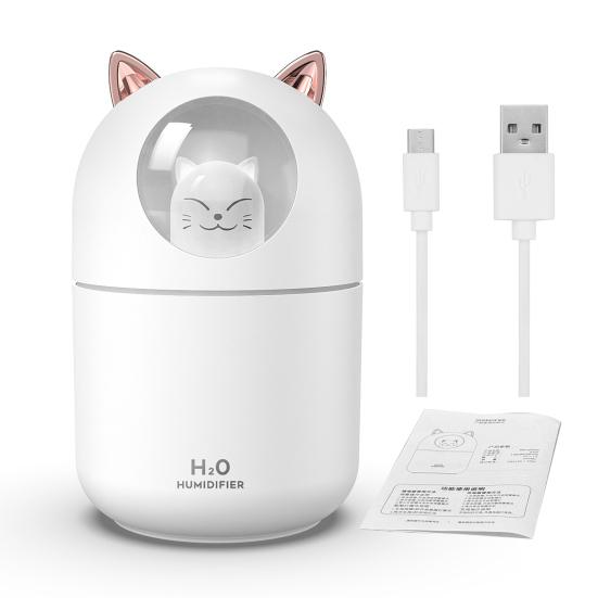 Umidificator USB Capacitate Mare 2 Moduri de Pulverizare Oprire Automată Zgomot Redus Umidificator de Aer în Formă de Pisică Difuzor de Uleiuri Esențiale cu Lumină de Noapte