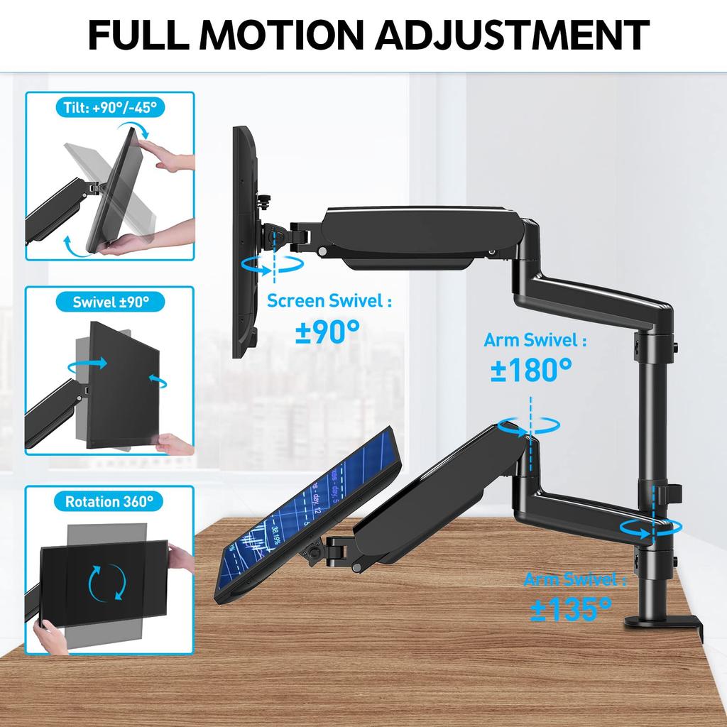MOUNTUP Monitor Arm LCD Display Arm Gas Spring Compatible with Inches Vertical Load Capacity Grommet Type Clamp Type Pole with Arm Angle Adjustment