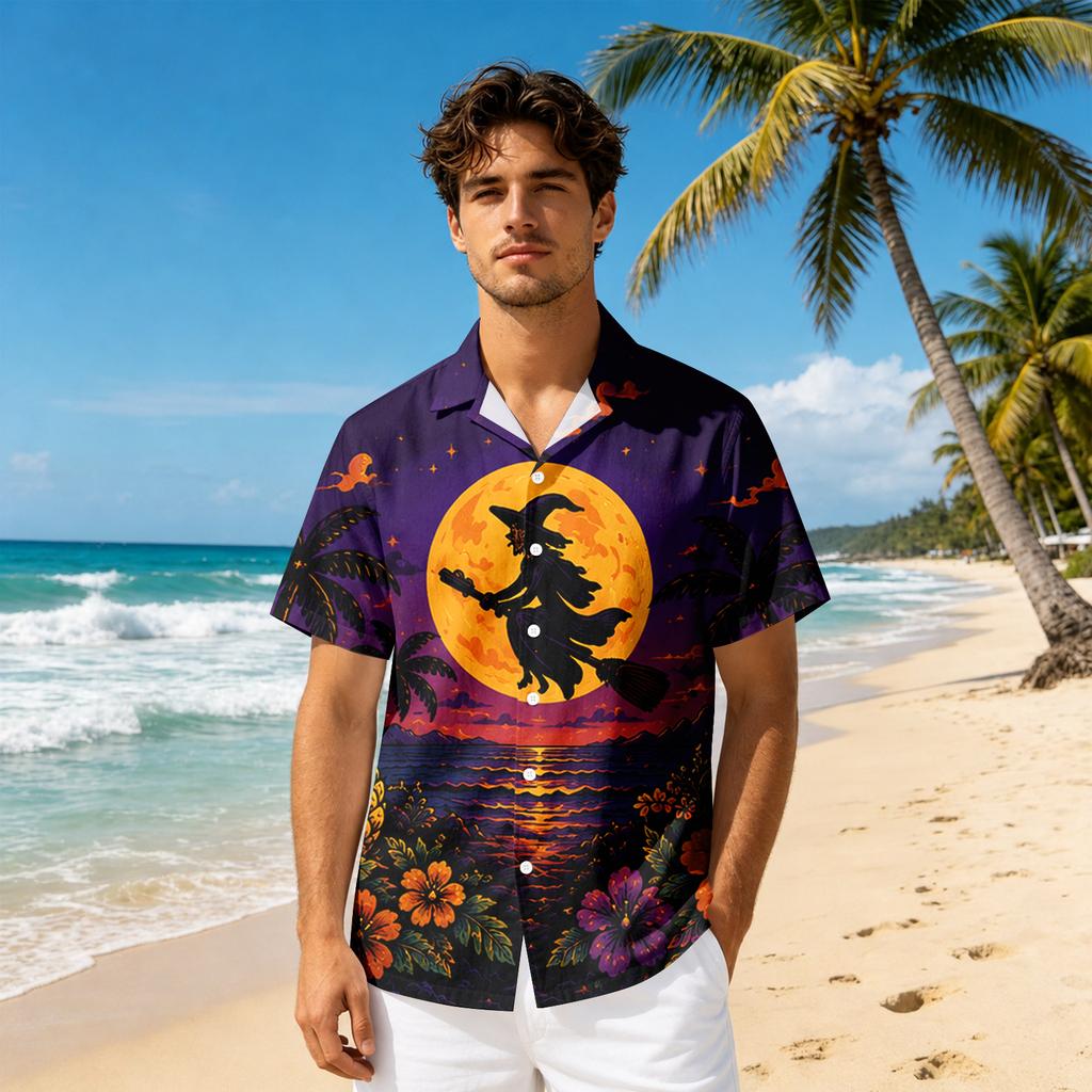 Men's Short Sleeve Casual Button Down Shirt Halloween Print Relaxed Fit Collared Shirt Lightweight Breathable Fabric