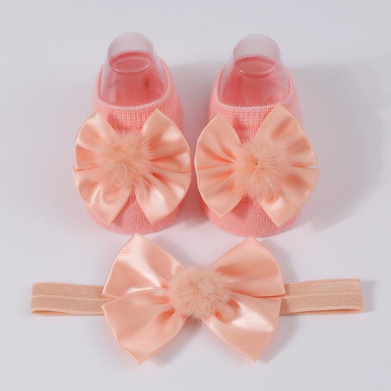 Baby Girl Princess Socks With Headband, Plush Bowknot Children's Socks Solid Color Kids Socks